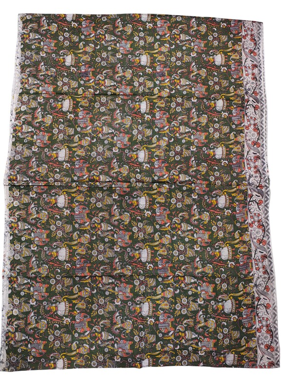 Olive Green Kalamkari Cotton Saree with Blouse Piece