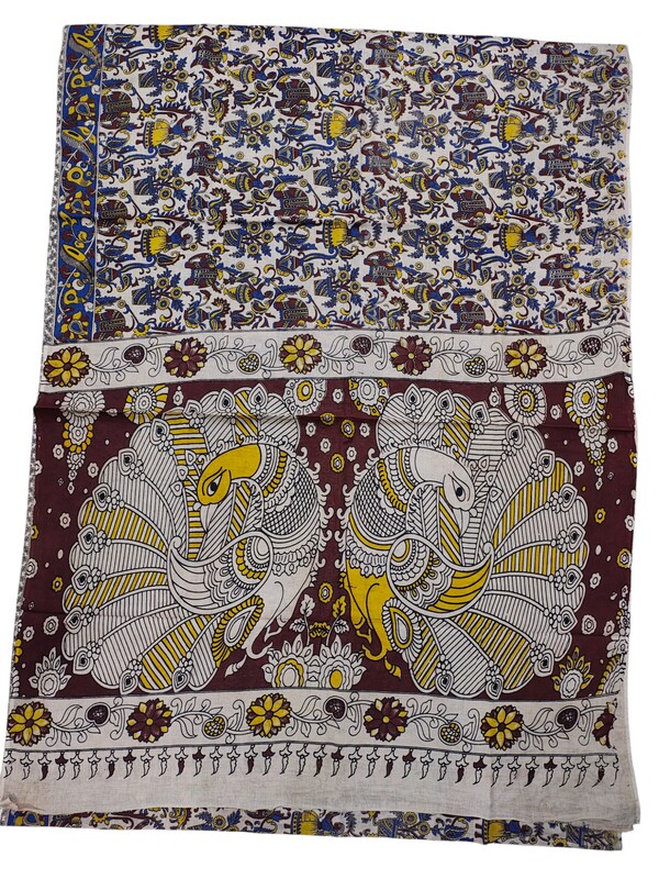 Wine Kalamkari Cotton Saree with Blouse Piece