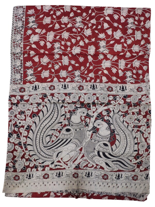 Red Kalamkari Cotton Saree with Blouse Piece
