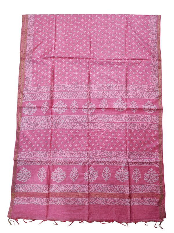 Dark Pink Block Print Silk Saree with Running Blouse
