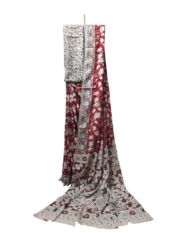 Red Kalamkari Cotton Saree with Blouse Piece