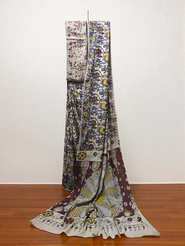 Wine Kalamkari Cotton Saree with Blouse Piece