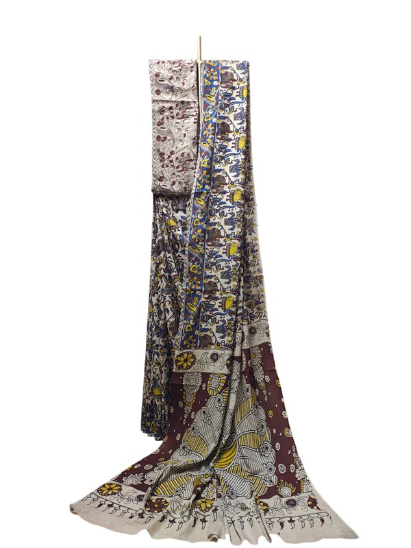 Wine Kalamkari Cotton Saree with Blouse Piece