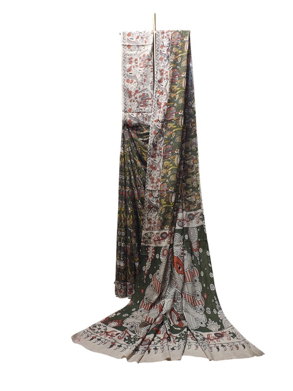 Olive Green Kalamkari Cotton Saree with Blouse Piece