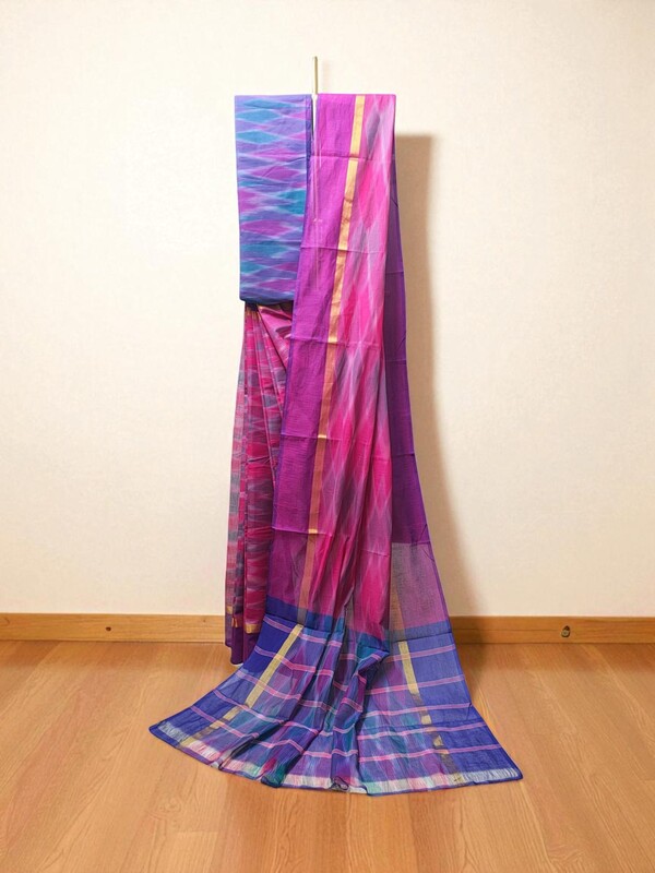 Pink Pochampally Ikkat Cotton Saree with Unstitched Blouse
