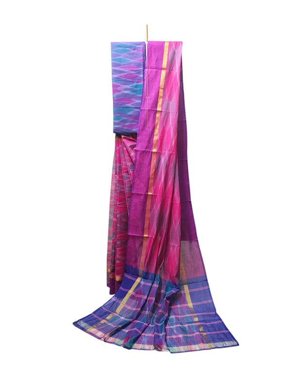 Pink Pochampally Ikkat Cotton Saree with Unstitched Blouse