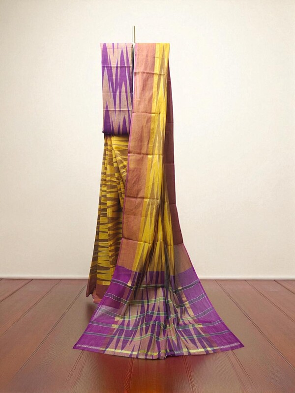 Mustard Pochampally Ikkat Cotton Saree with Unstitched Blouse