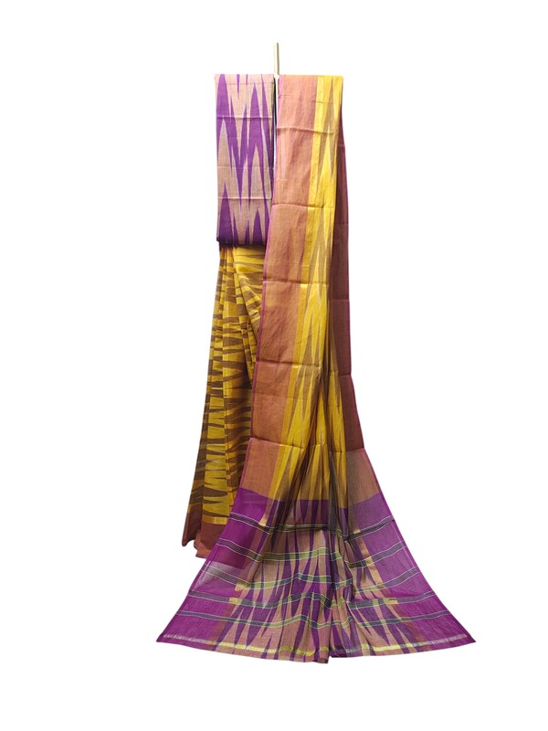 Mustard Pochampally Ikkat Cotton Saree with Unstitched Blouse