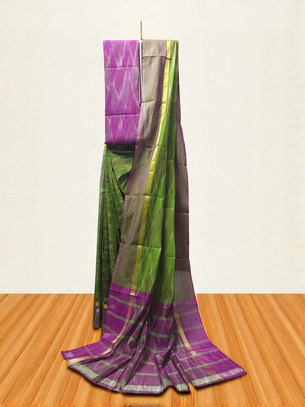 Green Pochampally Ikkat Cotton Saree with Unstitched Blouse