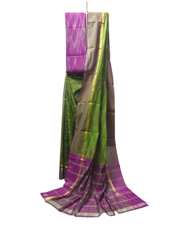 Green Pochampally Ikkat Cotton Saree with Unstitched Blouse