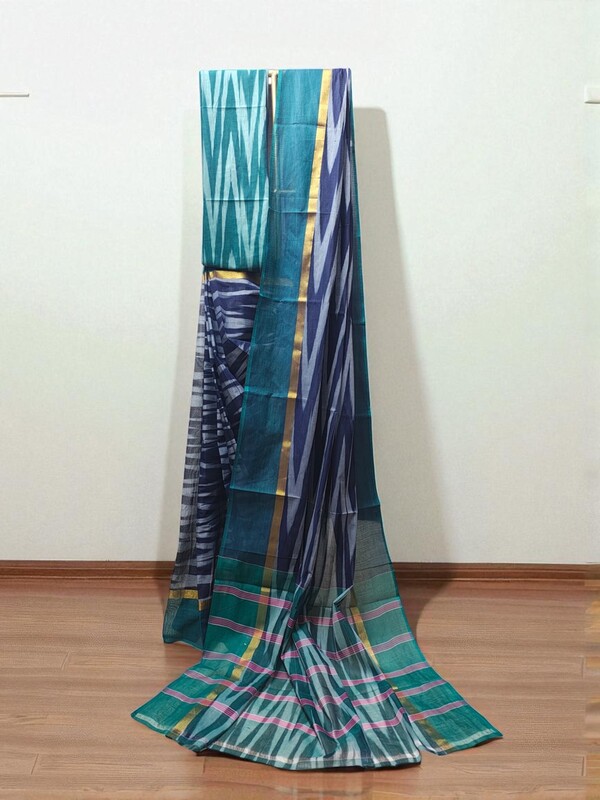 Indigo Pochampally Ikkat Cotton Saree with Unstitched Blouse