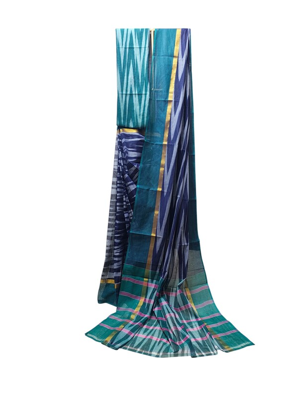 Indigo Pochampally Ikkat Cotton Saree with Unstitched Blouse