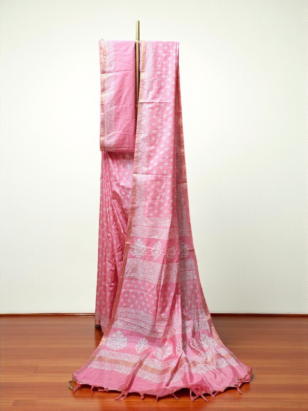 Dark Pink Block Print Silk Saree with Running Blouse