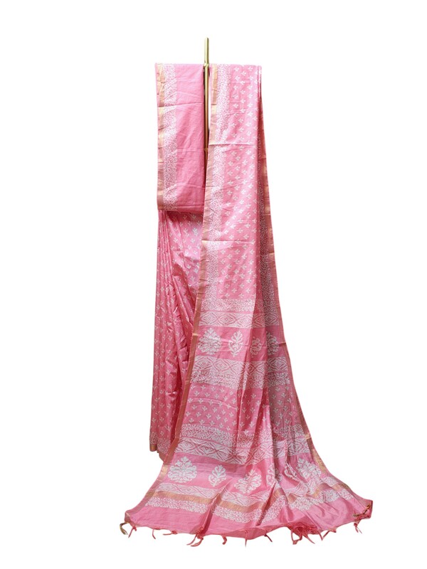 Dark Pink Block Print Silk Saree with Running Blouse