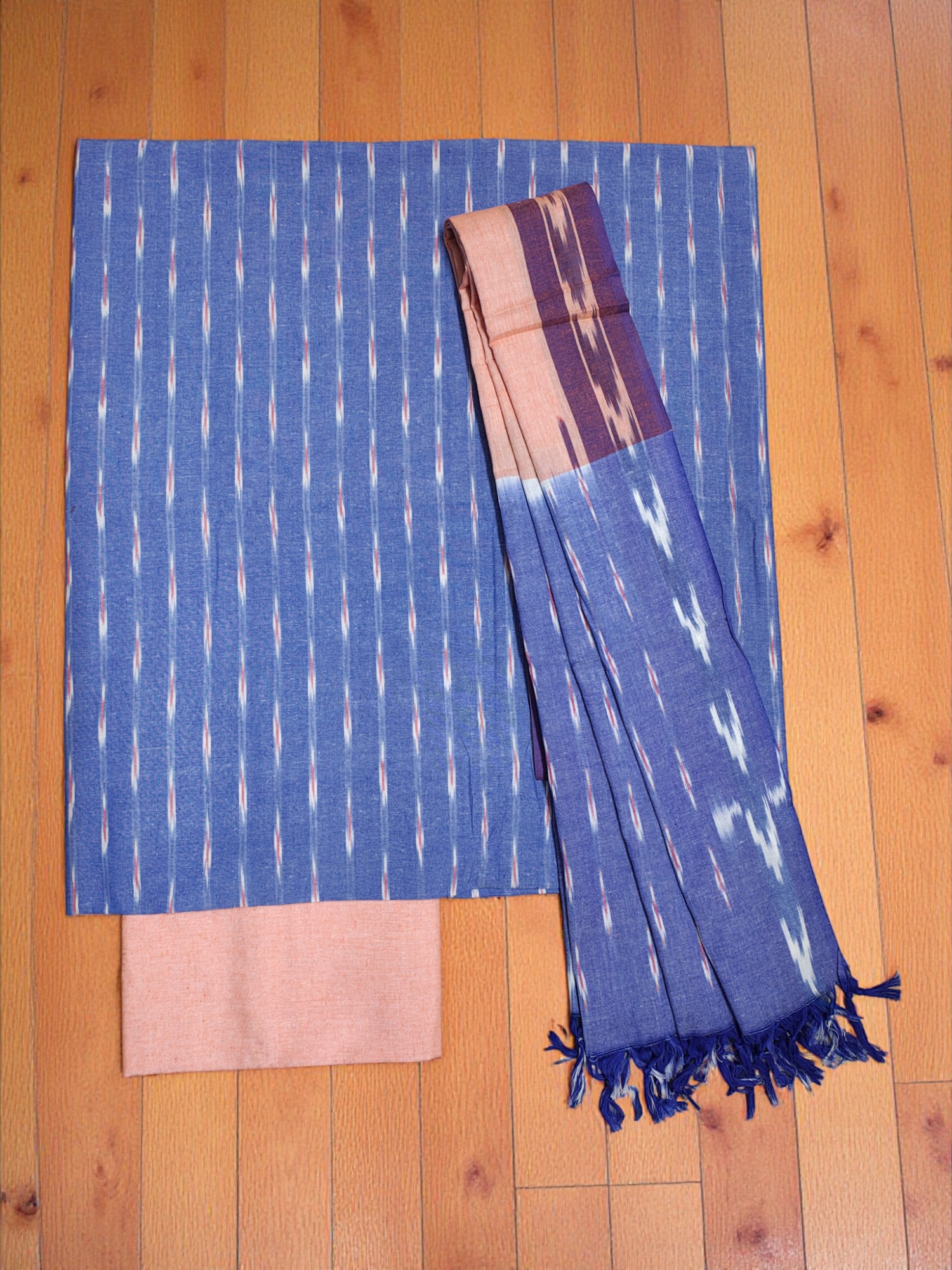 Indigo & Peach Pochampally Ikkat Dress Material with Dupatta