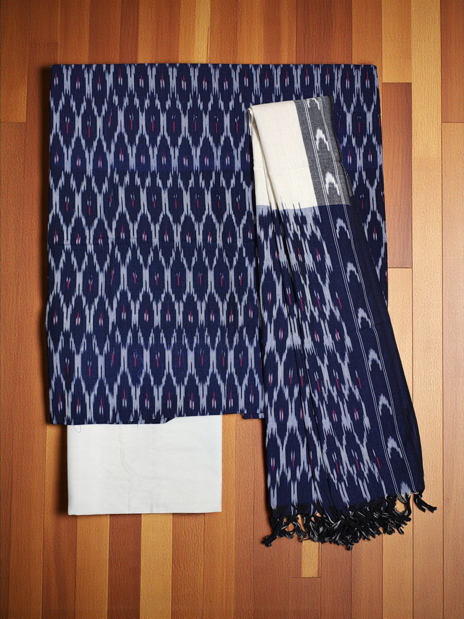 Indigo & White Pochampally Ikkat Handloom Dress Material with Dupatta
