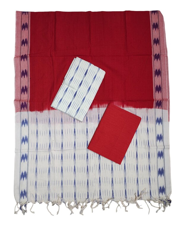 Red & White Pochampally Ikkat Cotton Unstitched Salwar Suit Set with Dupatta