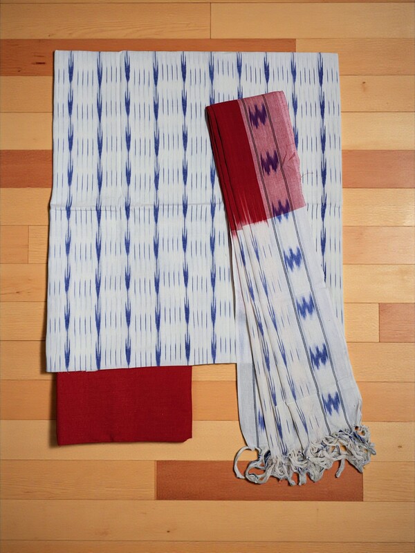 Red & White Pochampally Ikkat Cotton Unstitched Salwar Suit Set with Dupatta