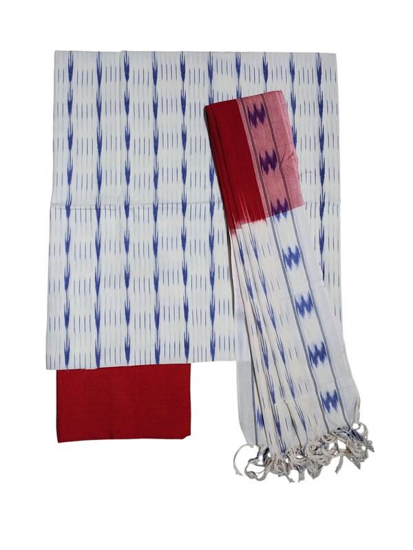 Red & White Pochampally Ikkat Cotton Unstitched Salwar Suit Set with Dupatta