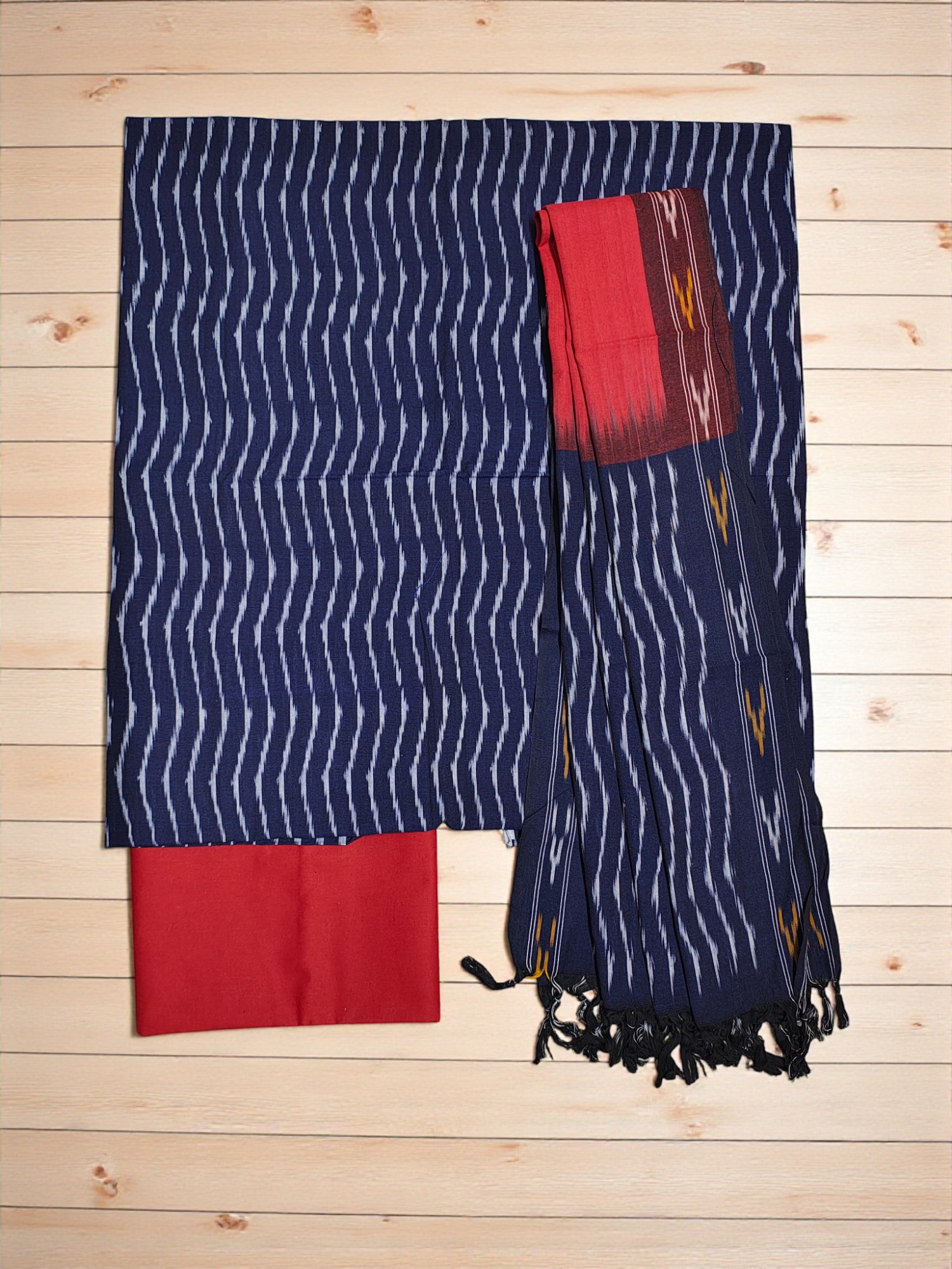 Blue & Red Pochampally Ikkat Dress Material with Dupatta