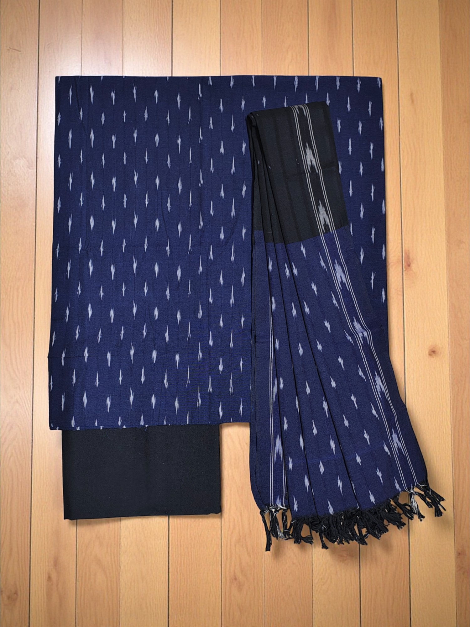 Indigo & Black Pochampally Ikkat Handloom Dress Material with Dupatta