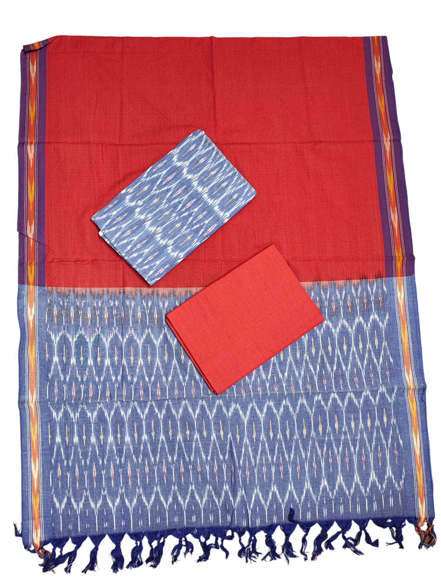 Indigo & Red Pochampally Ikkat Handloom Dress Material with Dupatta