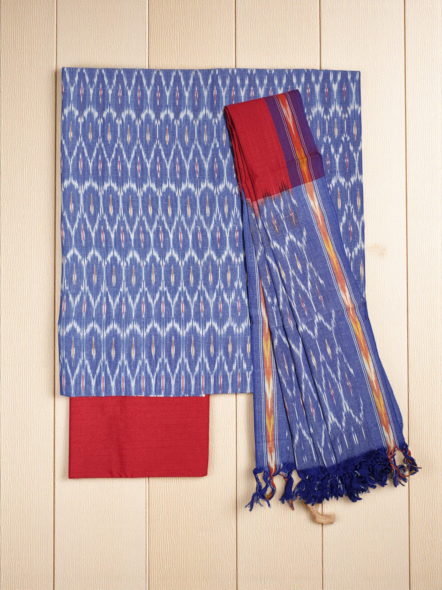 Indigo & Red Pochampally Ikkat Handloom Dress Material with Dupatta
