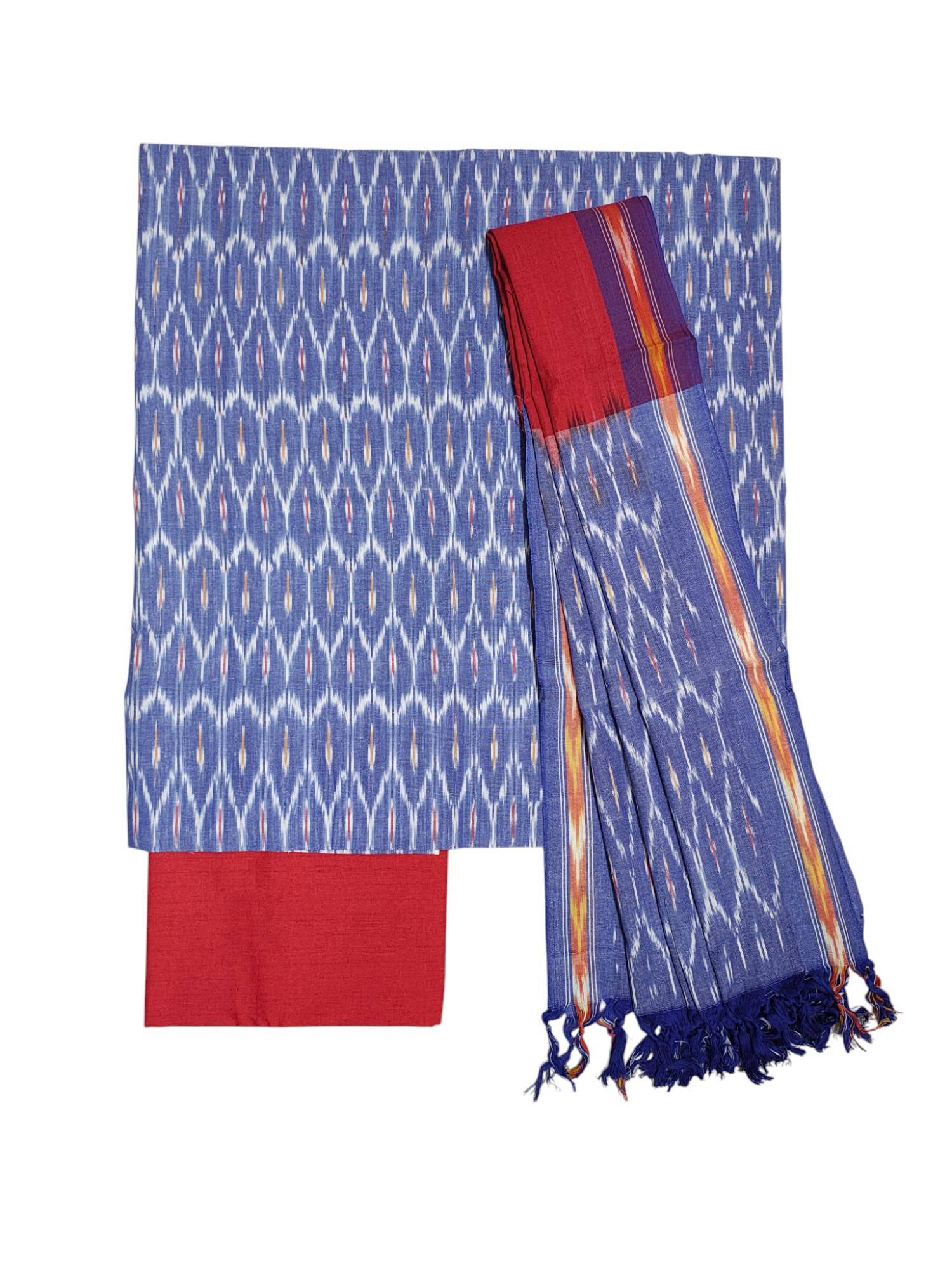 Indigo & Red Pochampally Ikkat Handloom Dress Material with Dupatta