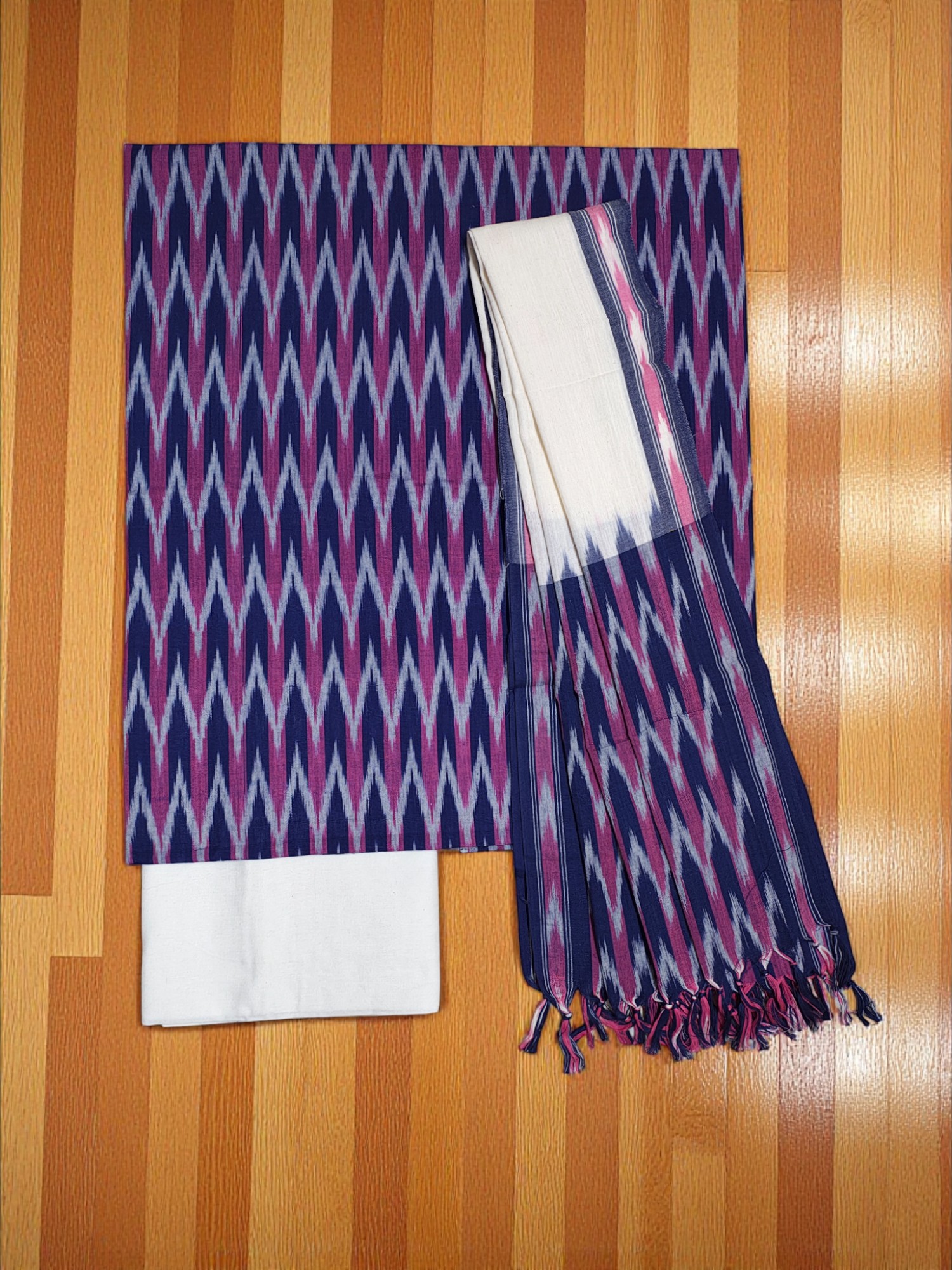 Purple & Pink Pochampally Ikkat Cotton Dress Material with Dupatta