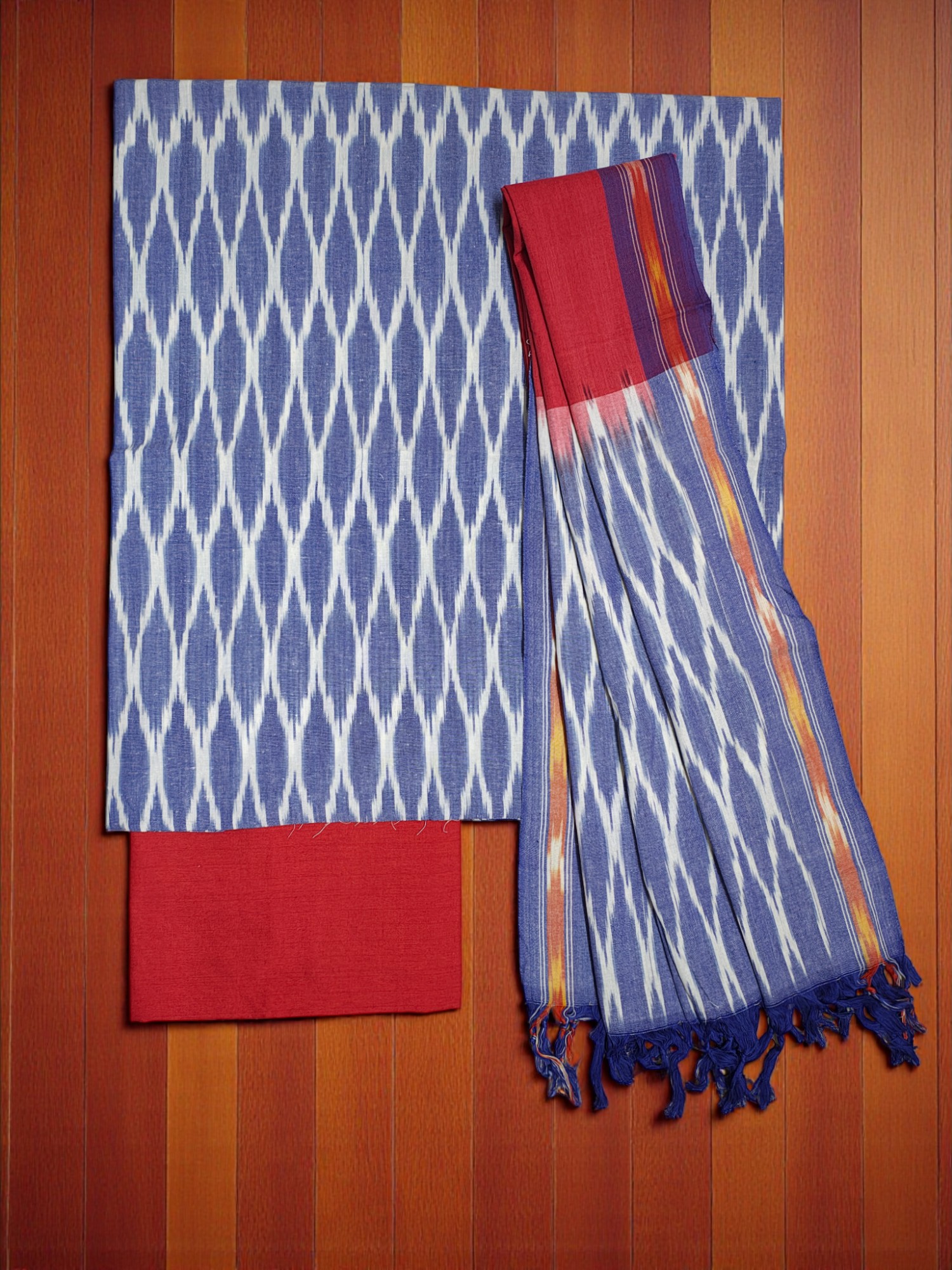 Indigo & Red Pochampally Ikkat Dress Material with Dupatta