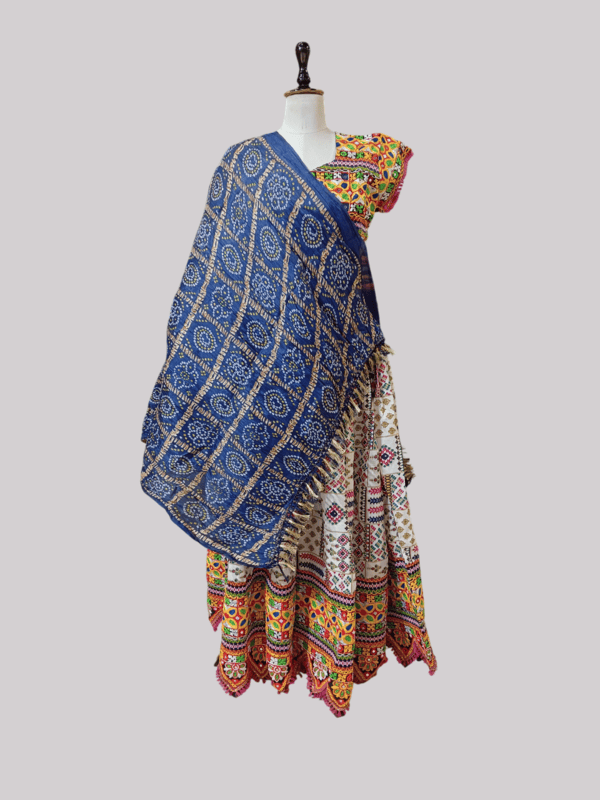 White Base Kutchi Embroidered Chaniya Choli with Blue Bandhani Dupatta D.6/2