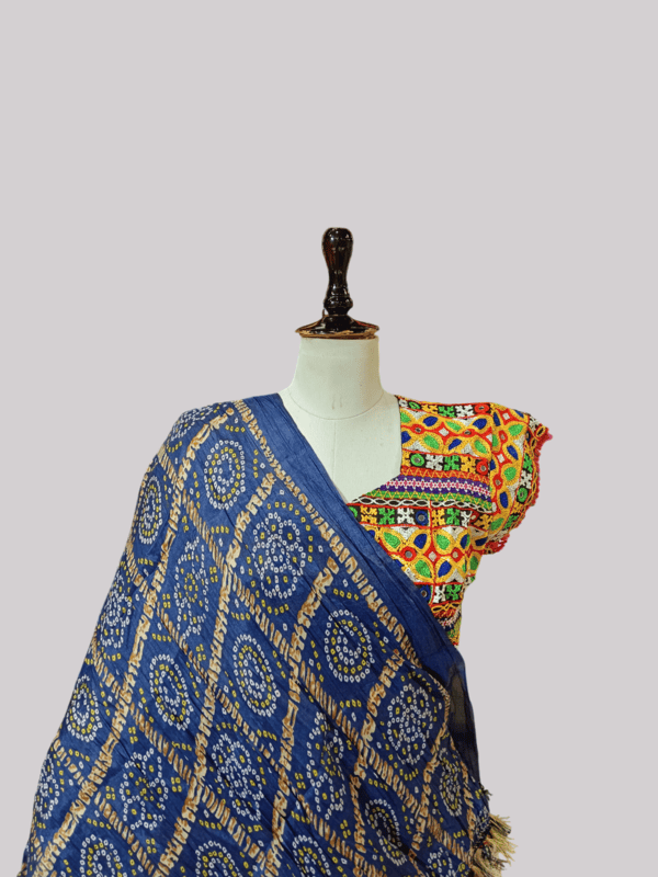 White Base Kutchi Embroidered Chaniya Choli with Blue Bandhani Dupatta D.6/2