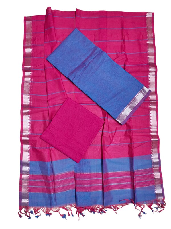 Pink & Blue Mangalagiri Handloom Cotton Dress Materials for Women