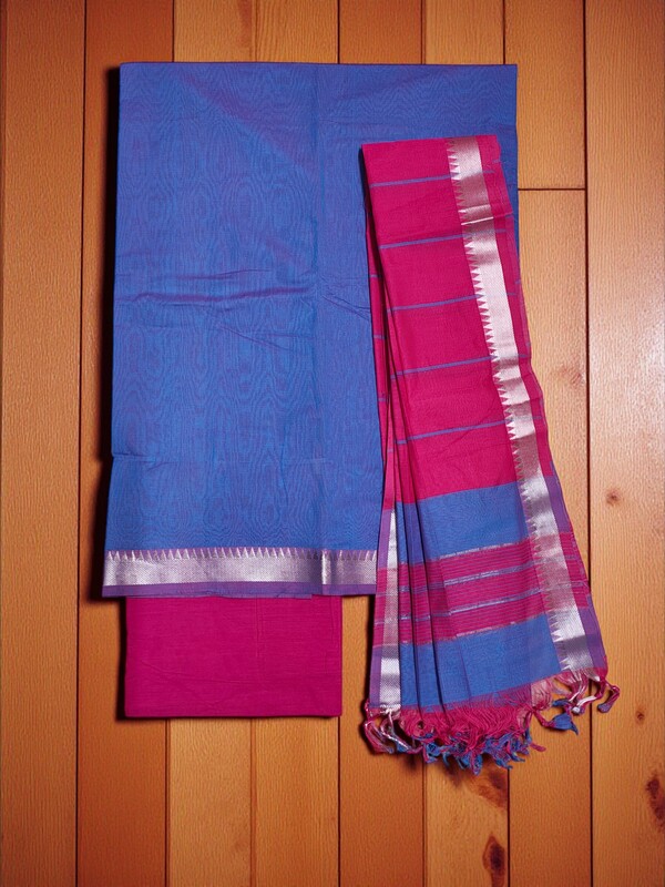 Pink & Blue Mangalagiri Handloom Cotton Dress Materials for Women