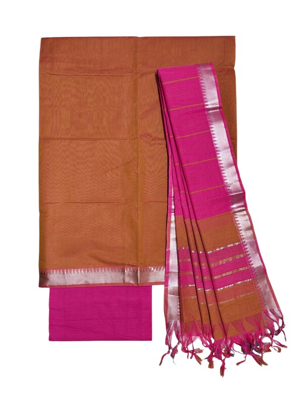 Orange & Pink Mangalagiri Handloom Cotton Dress Materials for Women
