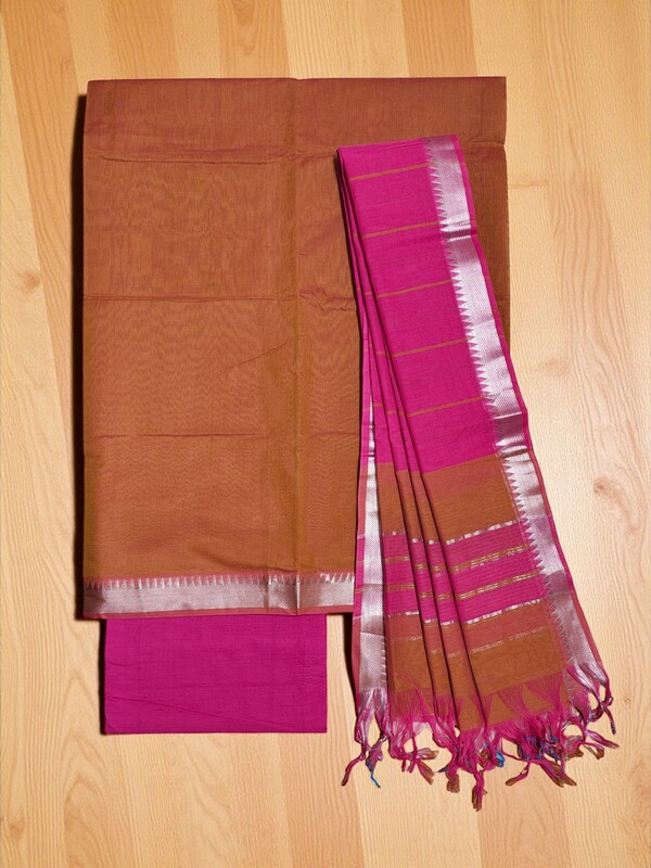 Orange & Pink Mangalagiri Handloom Cotton Dress Materials for Women