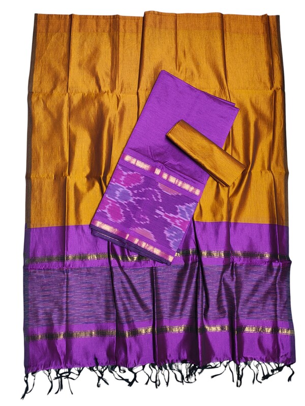 Purple & Mustard Pochampally Ikkat Silk Dress Material with Dupatta