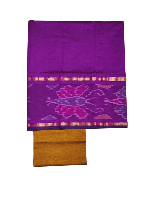 Purple & Mustard Pochampally Ikkat Silk Dress Material with Dupatta