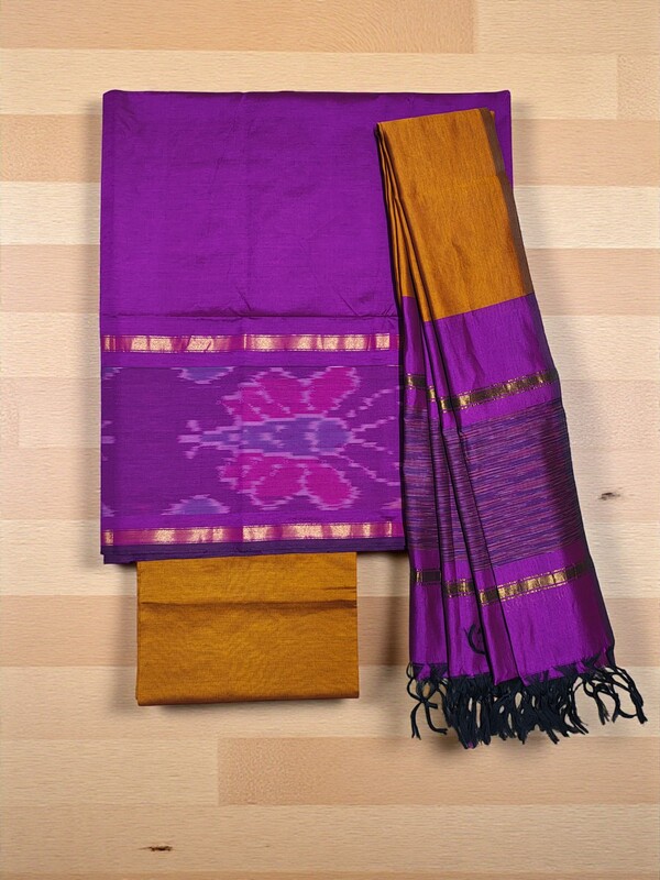 Purple & Mustard Pochampally Ikkat Silk Dress Material with Dupatta