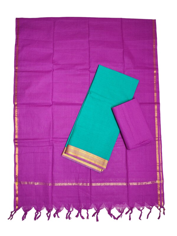 Green & Pink Mangalagiri Cotton Unstitched Salwar Suit Set with Dupatta for Women