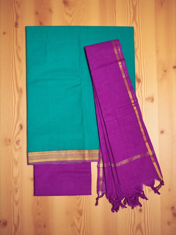 Green & Pink Mangalagiri Cotton Unstitched Salwar Suit Set with Dupatta for Women