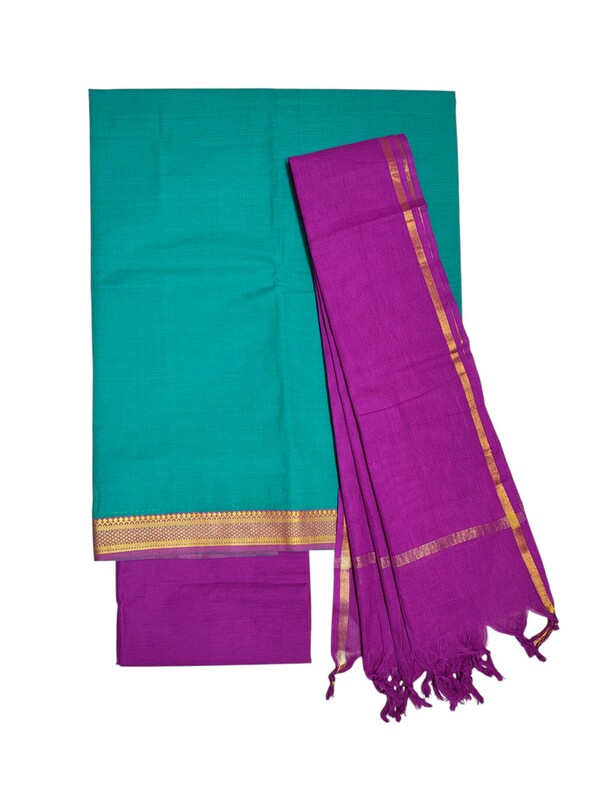 Green & Pink Mangalagiri Cotton Unstitched Salwar Suit Set with Dupatta for Women