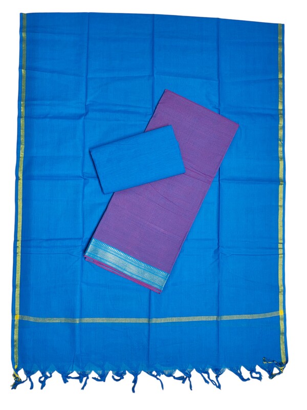 Blue & Purple Handloom Mangalagiri Cotton Solid Unstitched Salwar Suit Set with Dupatta for Women