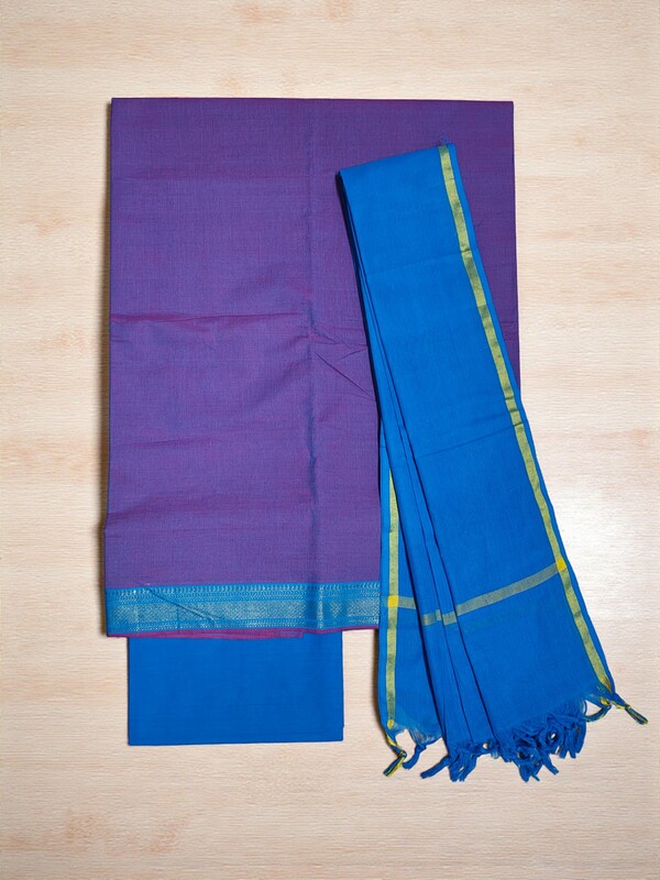 Blue & Purple Handloom Mangalagiri Cotton Solid Unstitched Salwar Suit Set with Dupatta for Women
