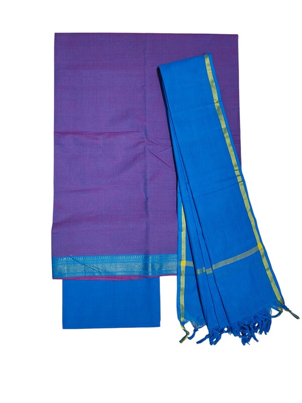 Blue & Purple Handloom Mangalagiri Cotton Solid Unstitched Salwar Suit Set with Dupatta for Women