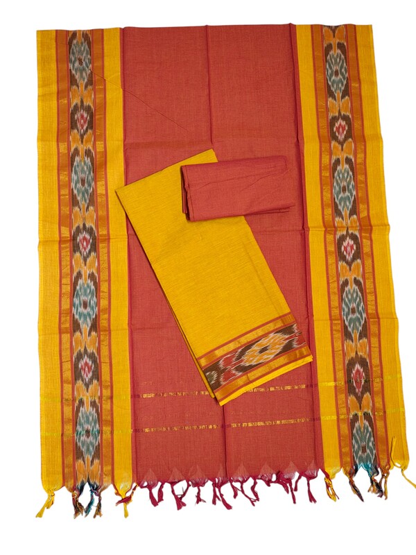 Orange & Purple Mangalagiri Cotton Dress Materials with Ikkat Border for Women