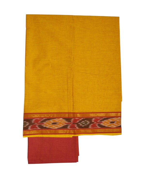 Orange & Purple Mangalagiri Cotton Dress Materials with Ikkat Border for Women