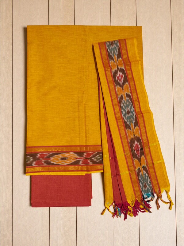 Orange & Purple Mangalagiri Cotton Dress Materials with Ikkat Border for Women