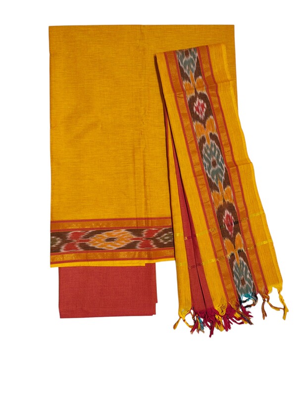 Orange & Purple Mangalagiri Cotton Dress Materials with Ikkat Border for Women