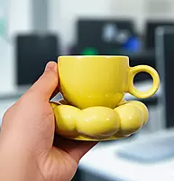 Ceramic Cloud Mug Cute Cup with Sunflower Coaster 7oz Cute Ceramic Coffee Mug with Saucer Set for Office Home Coffee Tea Latte Milk  180 ml